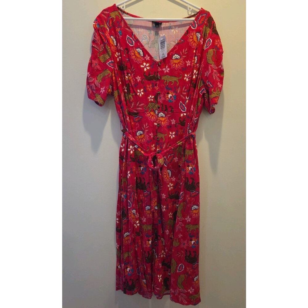 Torrid Dress Leopard Pink Midi Size 2 2X Button Tie Dress